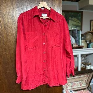 100% silk red button down long sleeved shirt blouse with collar Partners Mervyns